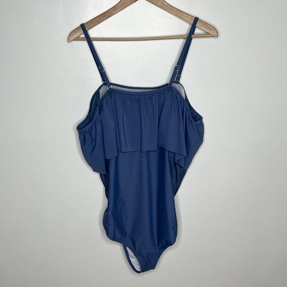 Pink Blush Womens One Piece Swimsuit 1X Blue Ruffle Trim Ruched Maternity - Picture 12 of 13